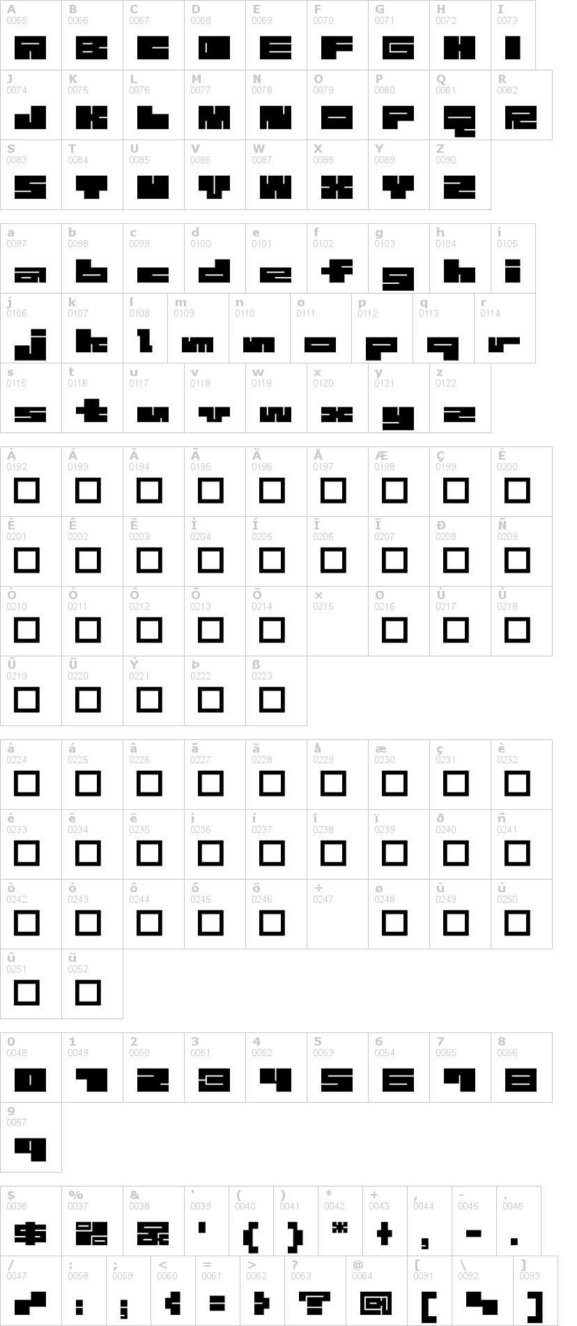 Lettere dell'alfabeto del font 1b-maze con le quali è possibile realizzare adesivi prespaziati