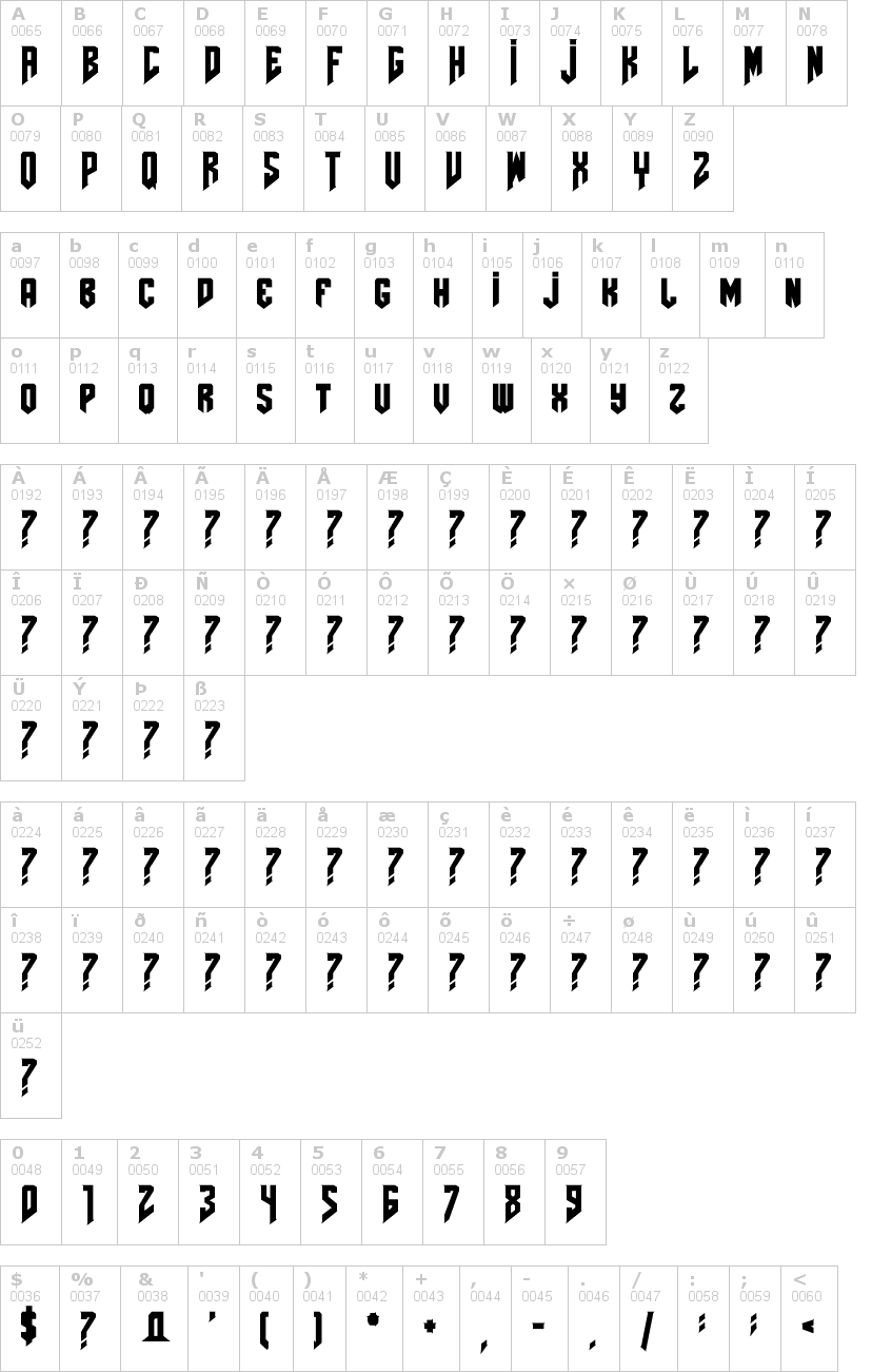 Lettere dell'alfabeto del font amazdoom con le quali è possibile realizzare adesivi prespaziati