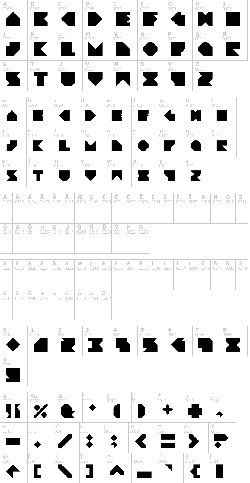 Lettere dell'alfabeto del font angleblock con le quali è possibile realizzare adesivi prespaziati