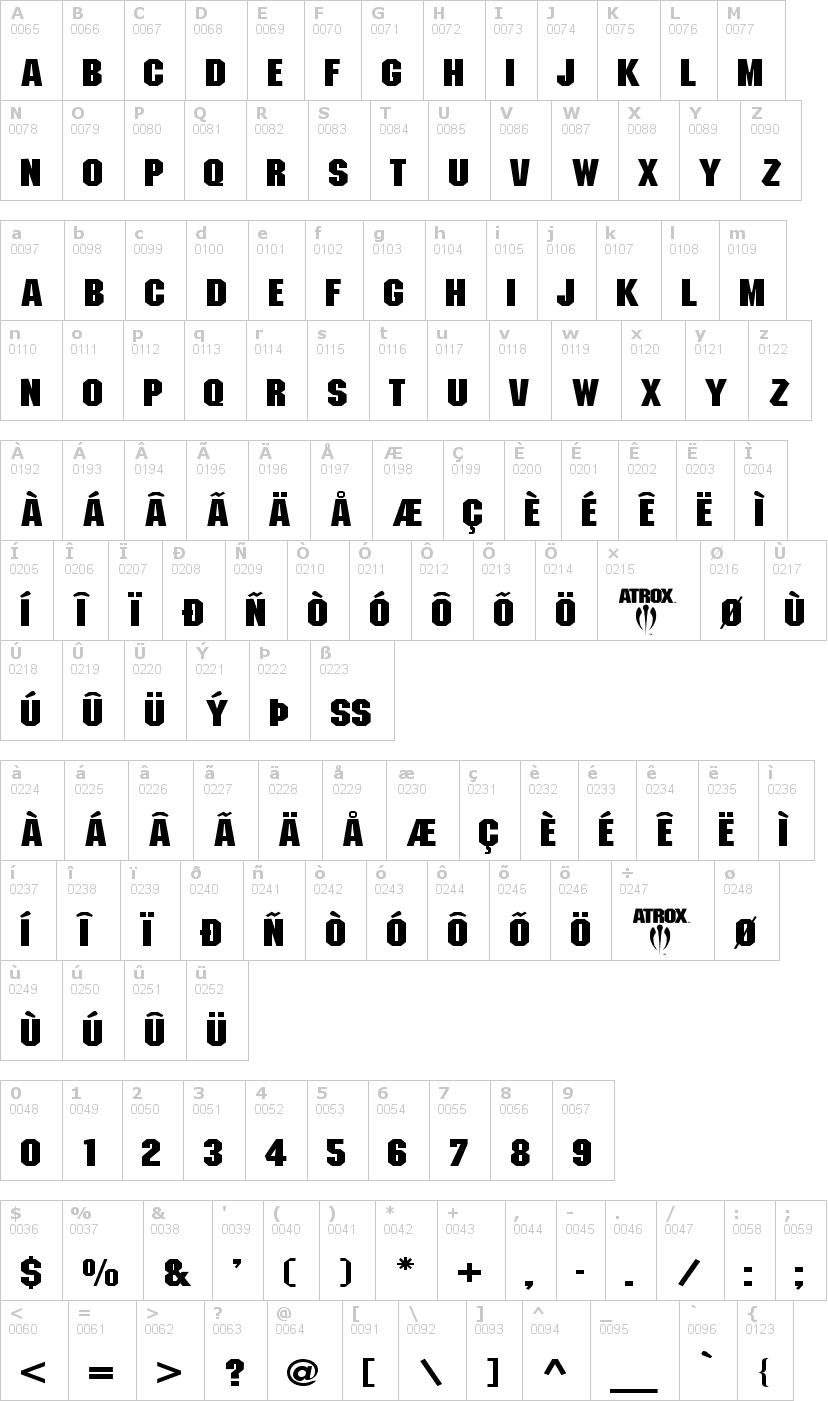 Lettere dell'alfabeto del font atrox con le quali è possibile realizzare adesivi prespaziati