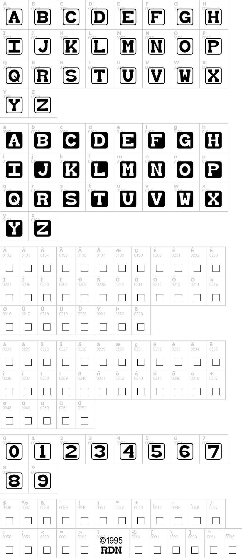 Lettere dell'alfabeto del font baby-blocks con le quali è possibile realizzare adesivi prespaziati