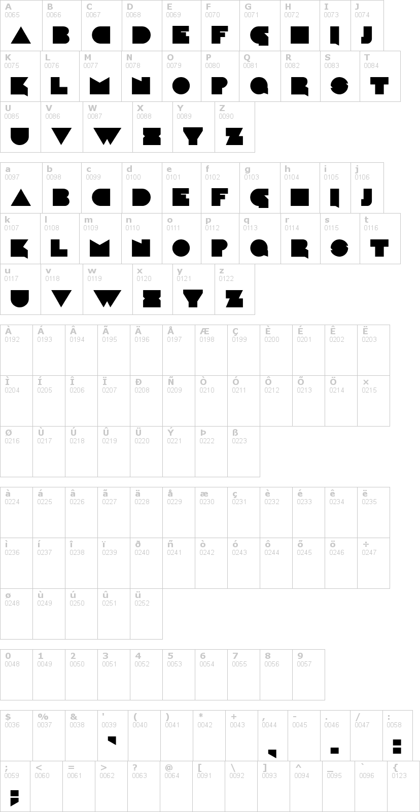 Lettere dell'alfabeto del font caligari con le quali è possibile realizzare adesivi prespaziati