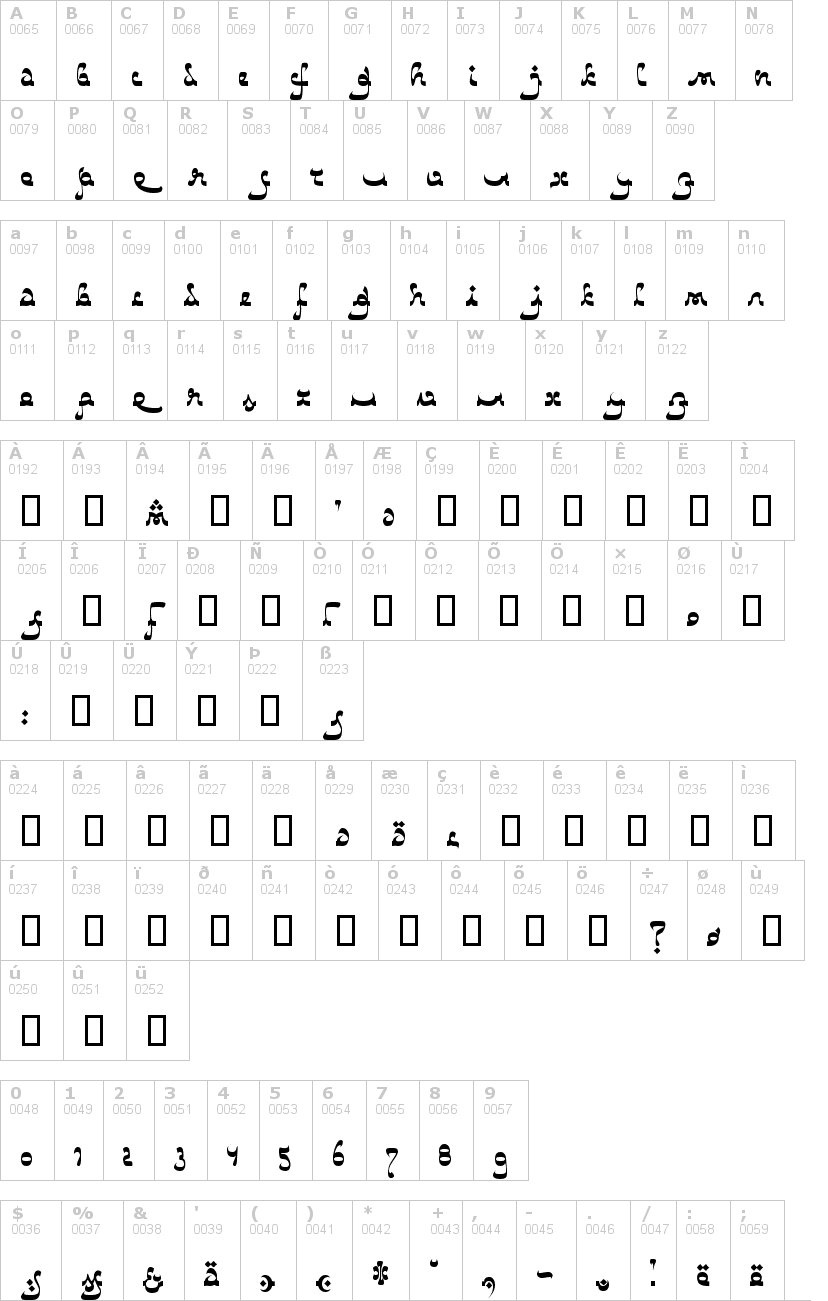 Lettere dell'alfabeto del font catharsis-bedouin con le quali è possibile realizzare adesivi prespaziati