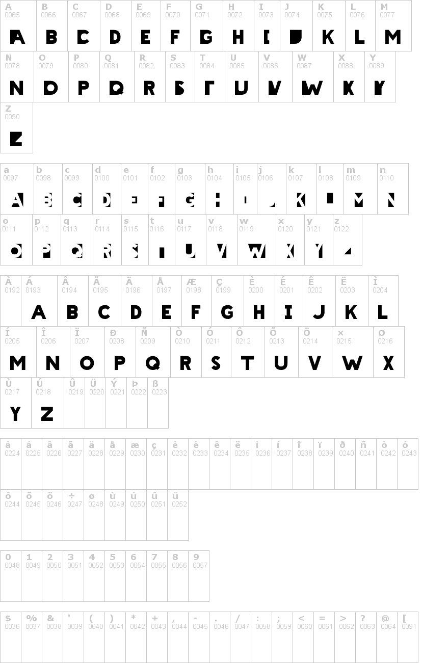 Lettere dell'alfabeto del font cheatin con le quali è possibile realizzare adesivi prespaziati