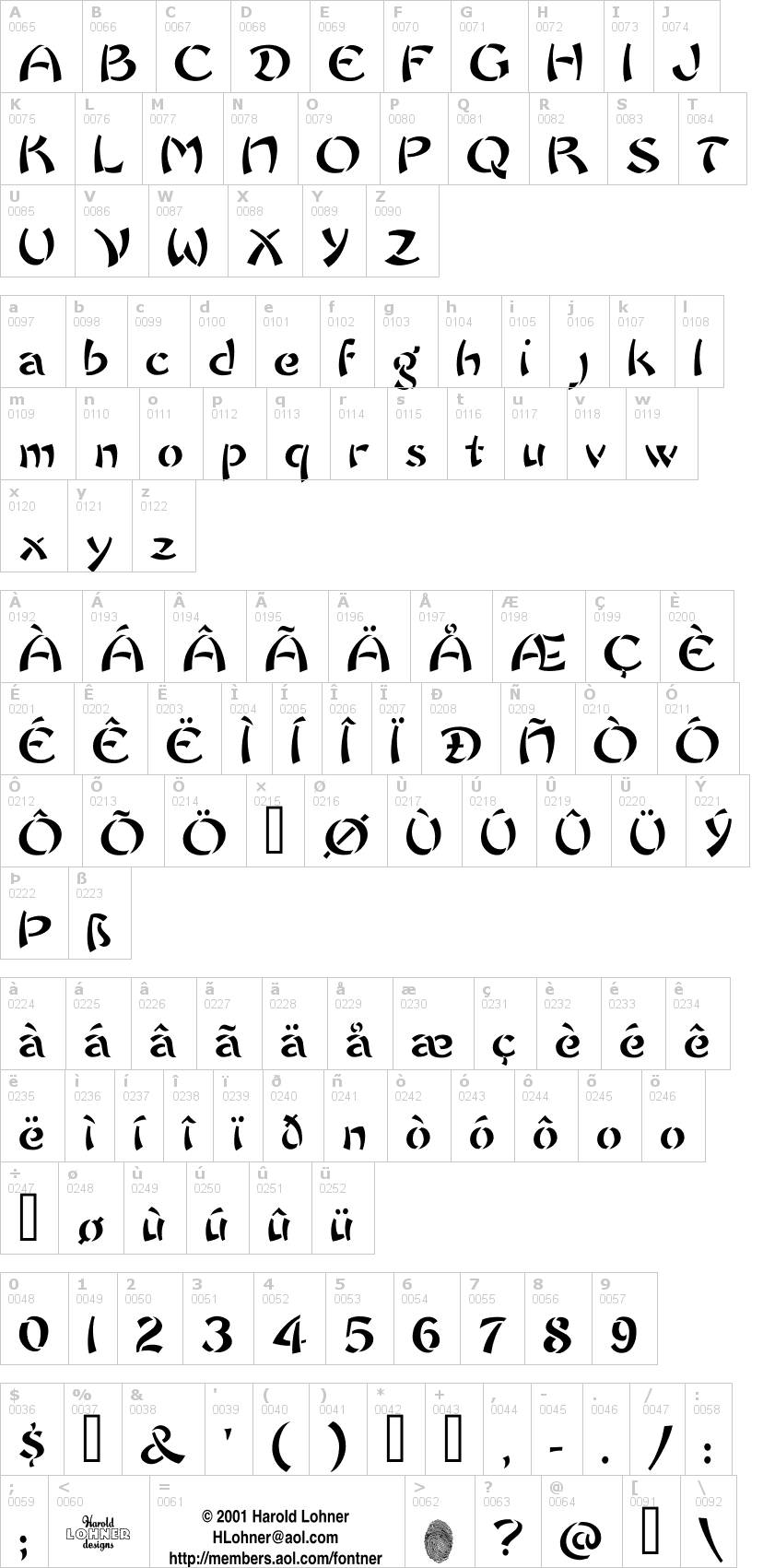 Lettere dell'alfabeto del font chow-fun con le quali è possibile realizzare adesivi prespaziati