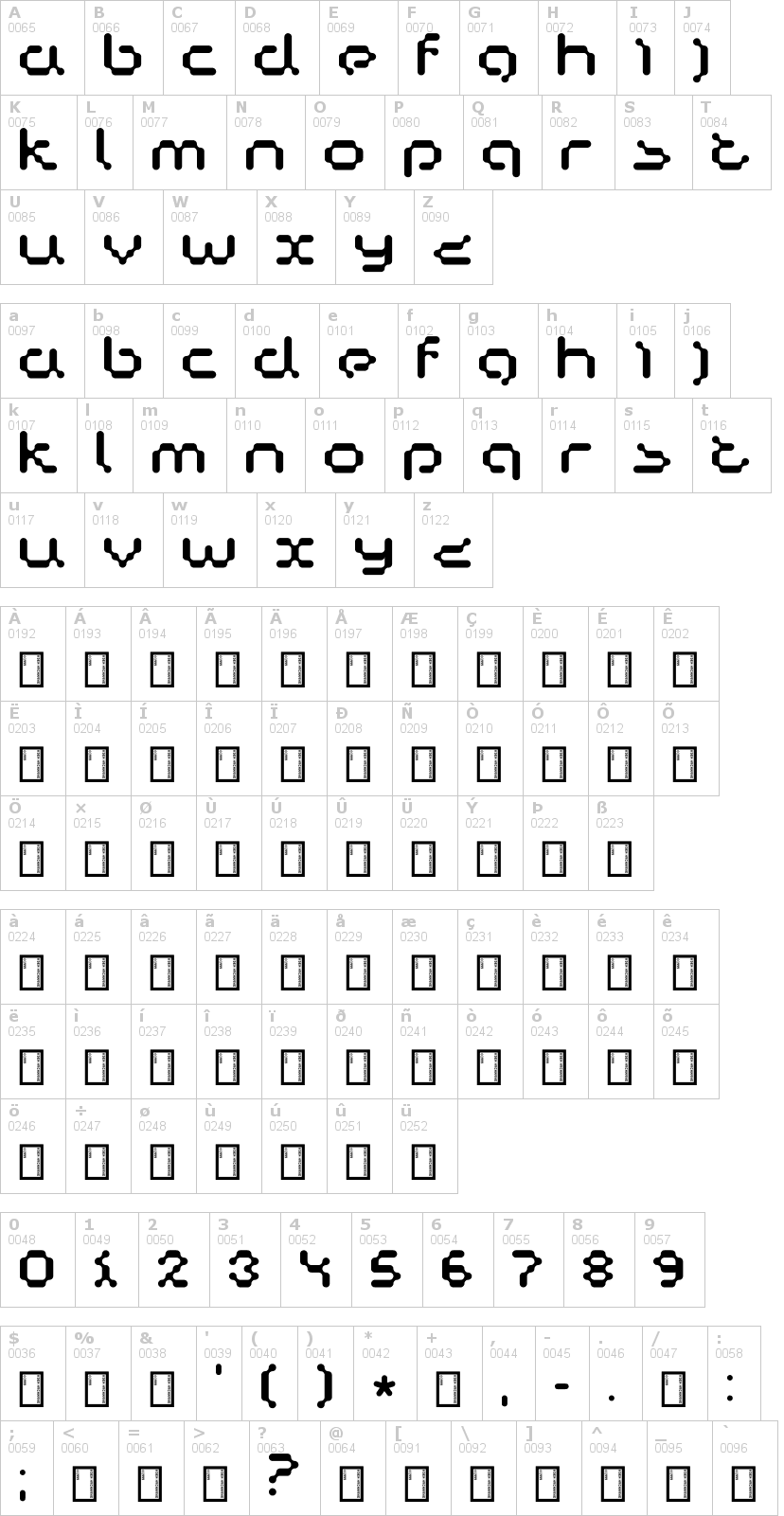 Lettere dell'alfabeto del font copycat con le quali è possibile realizzare adesivi prespaziati