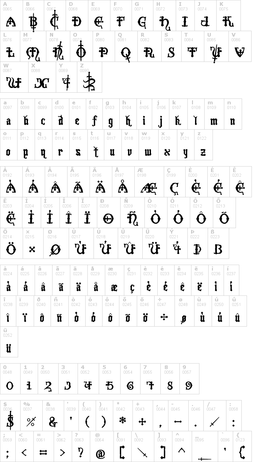 Lettere dell'alfabeto del font crusades con le quali è possibile realizzare adesivi prespaziati