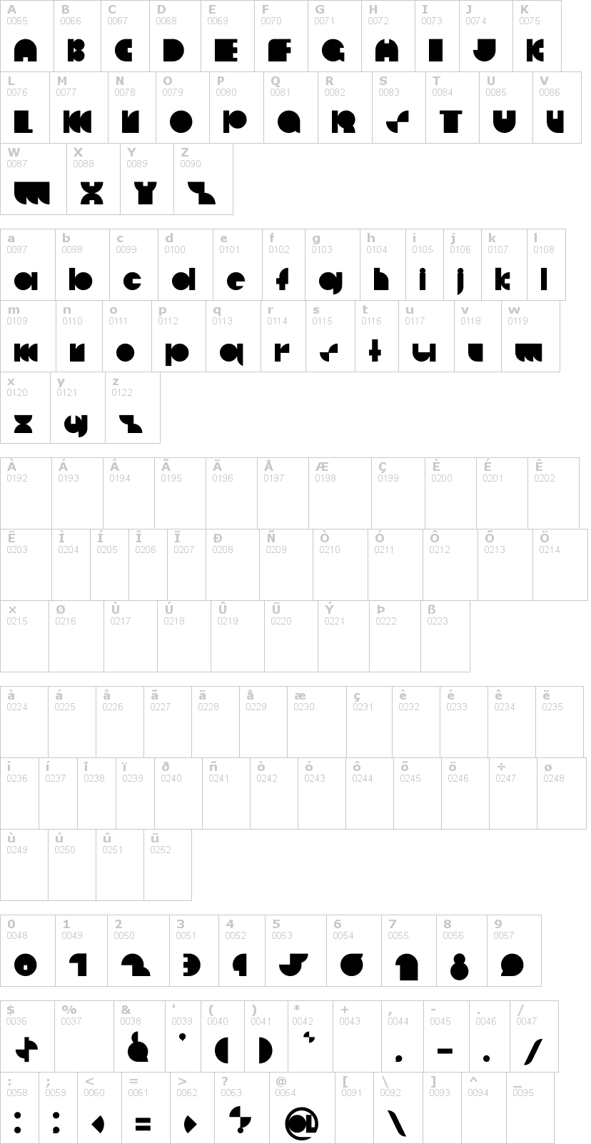 Lettere dell'alfabeto del font deccodisco con le quali è possibile realizzare adesivi prespaziati