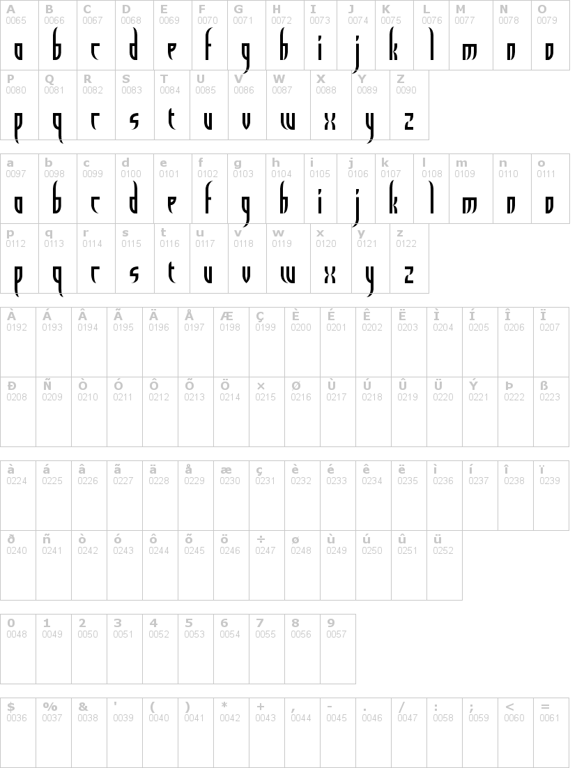 Lettere dell'alfabeto del font el-diablo con le quali è possibile realizzare adesivi prespaziati