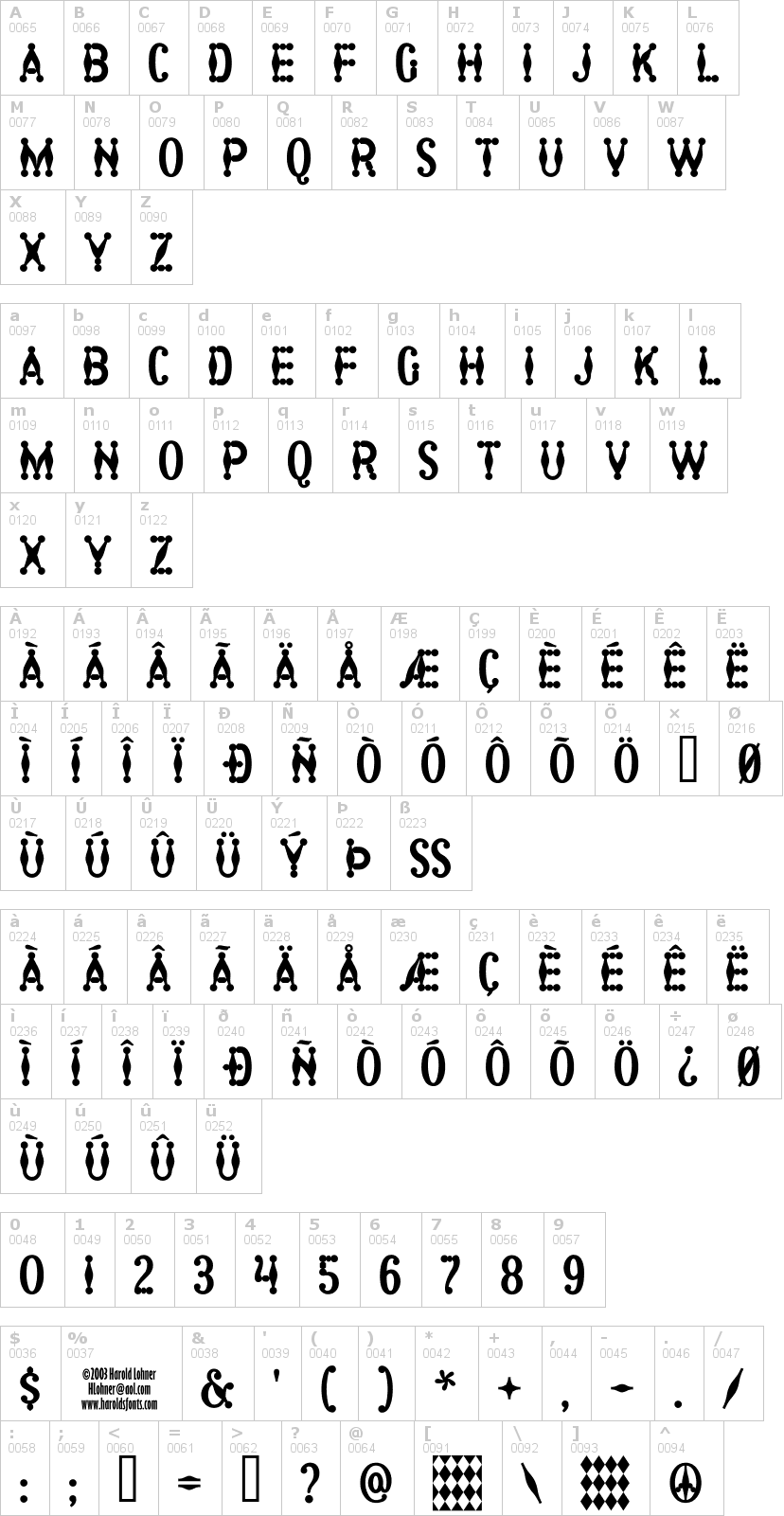 Lettere dell'alfabeto del font harlequin con le quali è possibile realizzare adesivi prespaziati