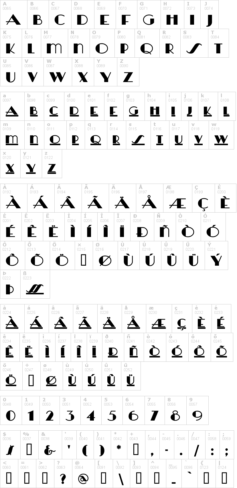 Lettere dell'alfabeto del font heraldsquare con le quali è possibile realizzare adesivi prespaziati