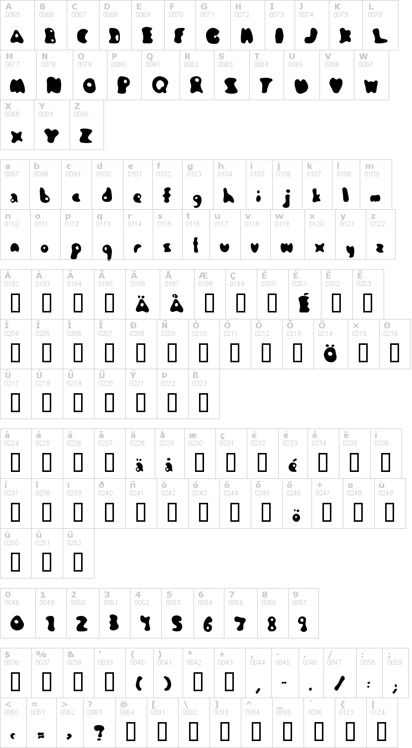 Lettere dell'alfabeto del font jambotango con le quali è possibile realizzare adesivi prespaziati