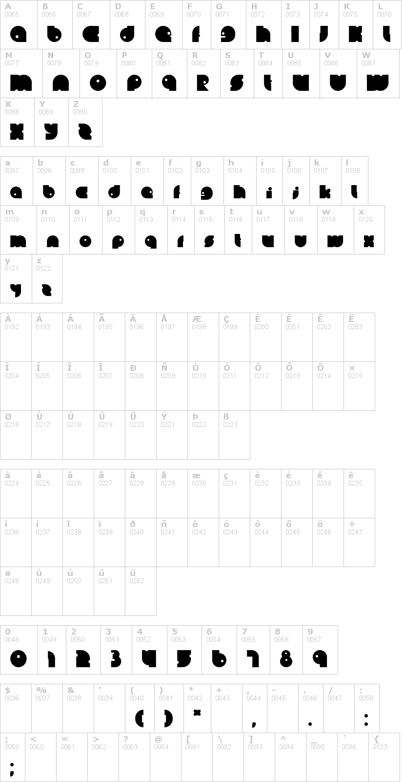 Lettere dell'alfabeto del font lein-bold con le quali è possibile realizzare adesivi prespaziati