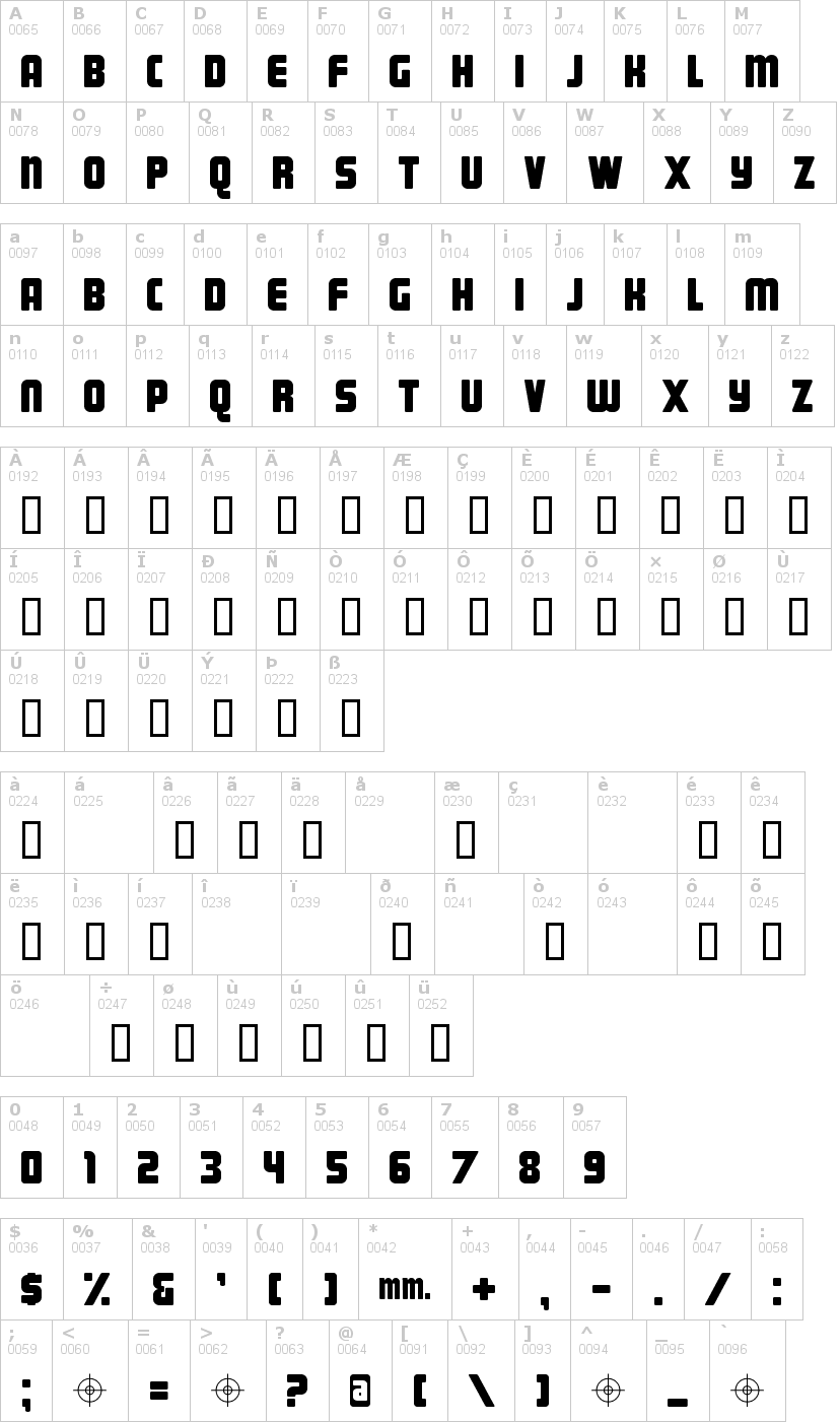 Lettere dell'alfabeto del font magnum con le quali è possibile realizzare adesivi prespaziati