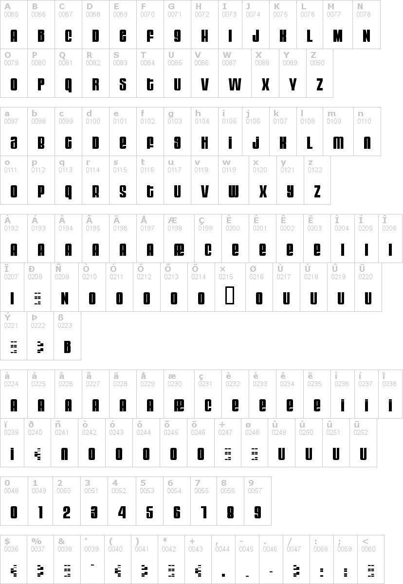 Lettere dell'alfabeto del font moog con le quali è possibile realizzare adesivi prespaziati