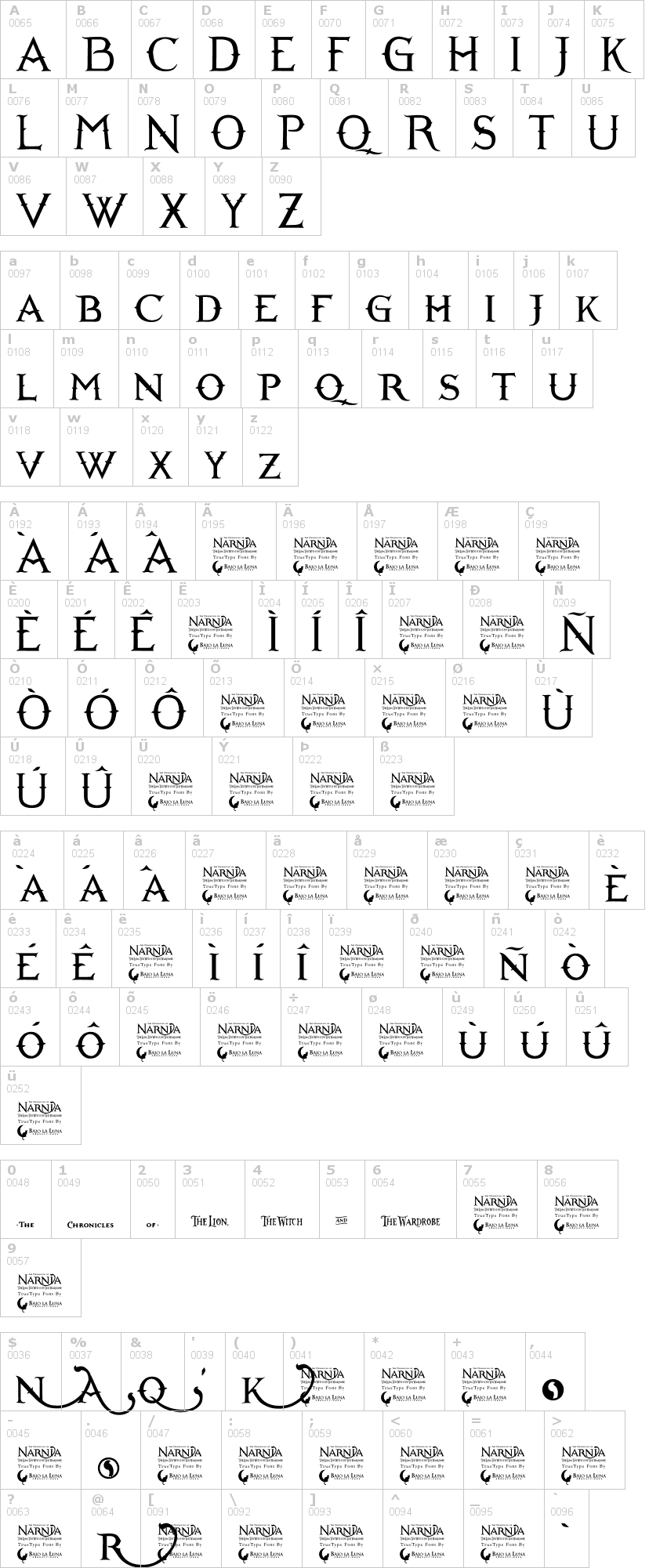 Lettere dell'alfabeto del font narnia-bll con le quali è possibile realizzare adesivi prespaziati