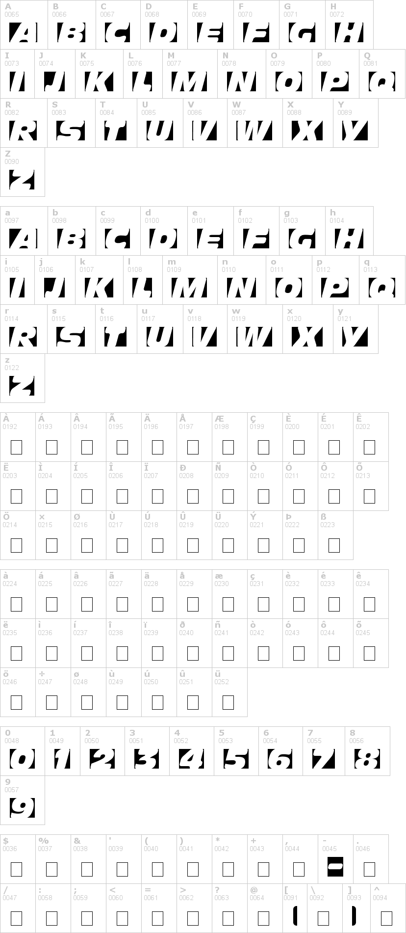 Lettere dell'alfabeto del font obliquo con le quali è possibile realizzare adesivi prespaziati