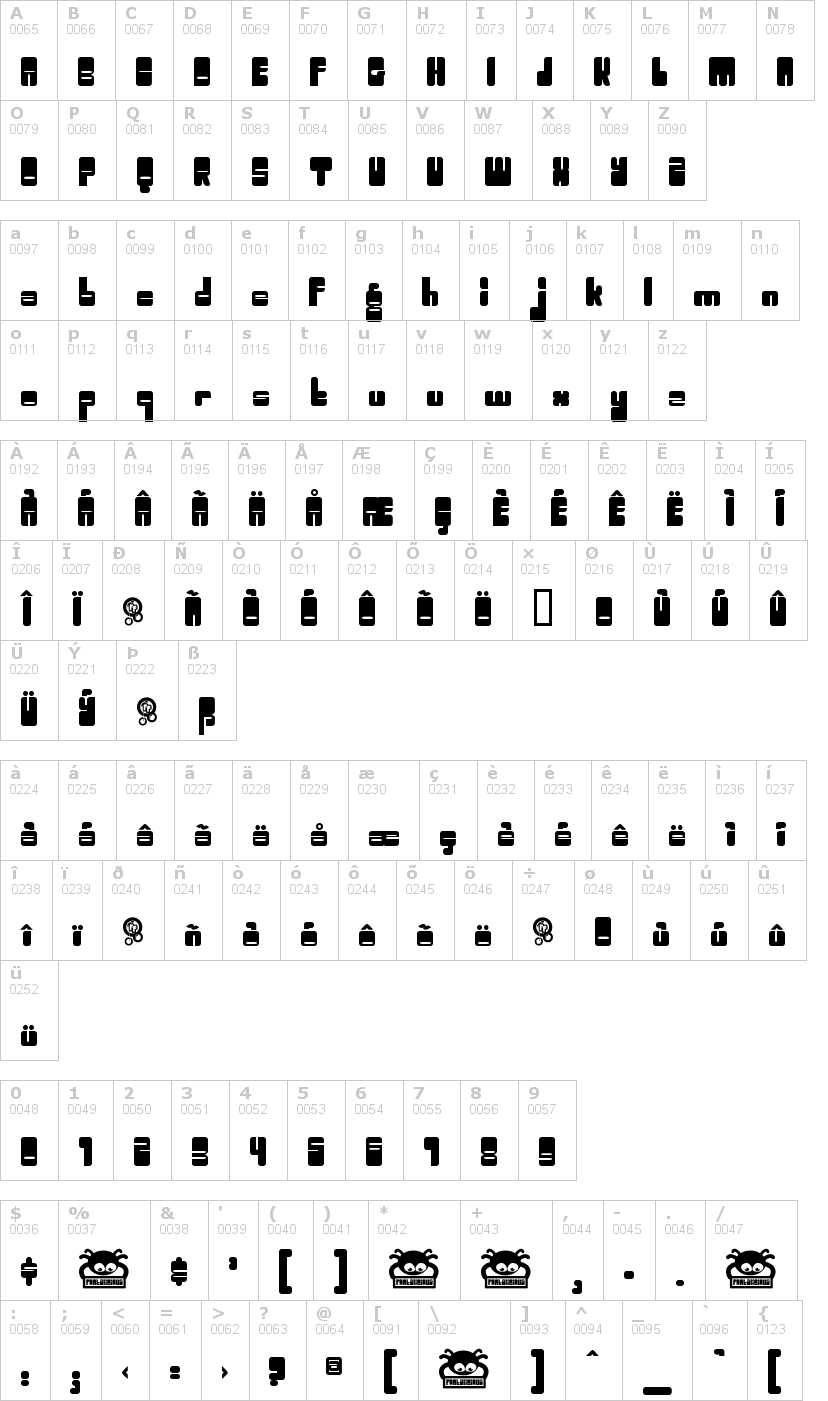 Lettere dell'alfabeto del font oggle con le quali è possibile realizzare adesivi prespaziati