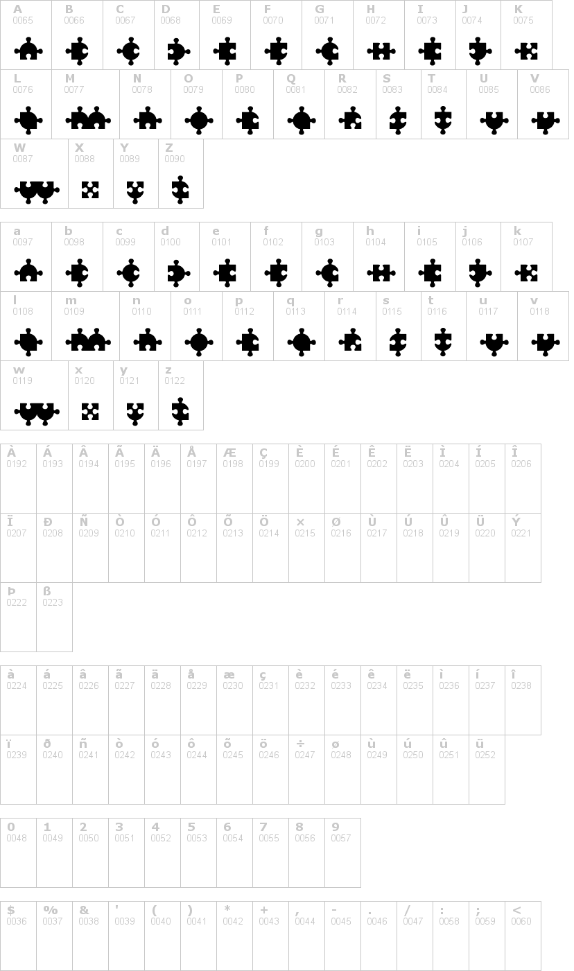 Lettere dell'alfabeto del font puzzle-roki con le quali è possibile realizzare adesivi prespaziati