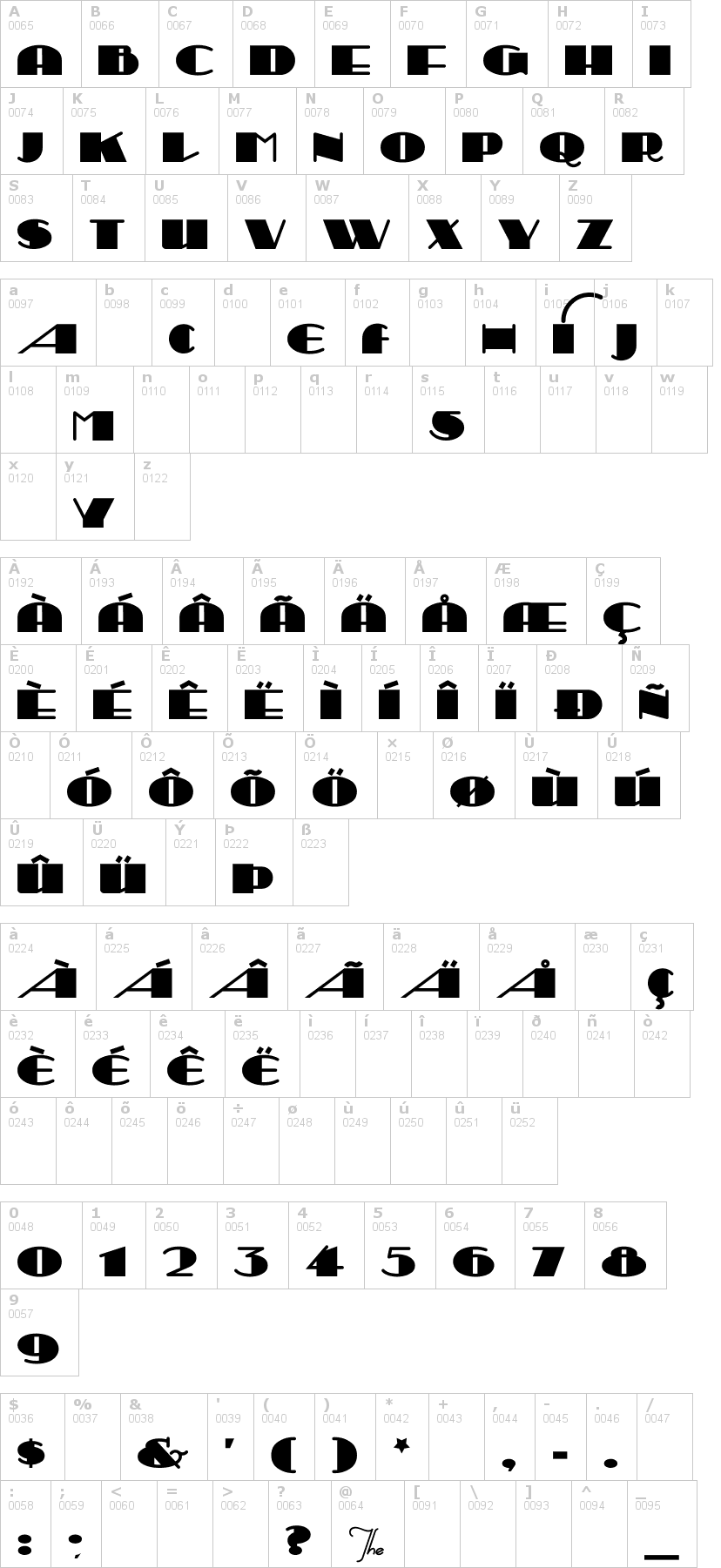 Lettere dell'alfabeto del font sesquipedalian con le quali è possibile realizzare adesivi prespaziati