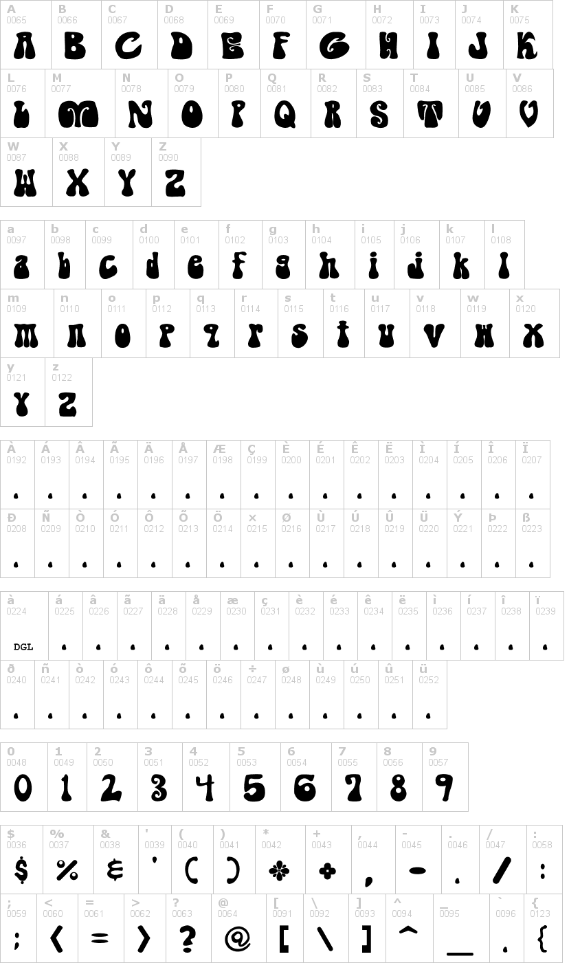 Lettere dell'alfabeto del font shagadelic con le quali è possibile realizzare adesivi prespaziati
