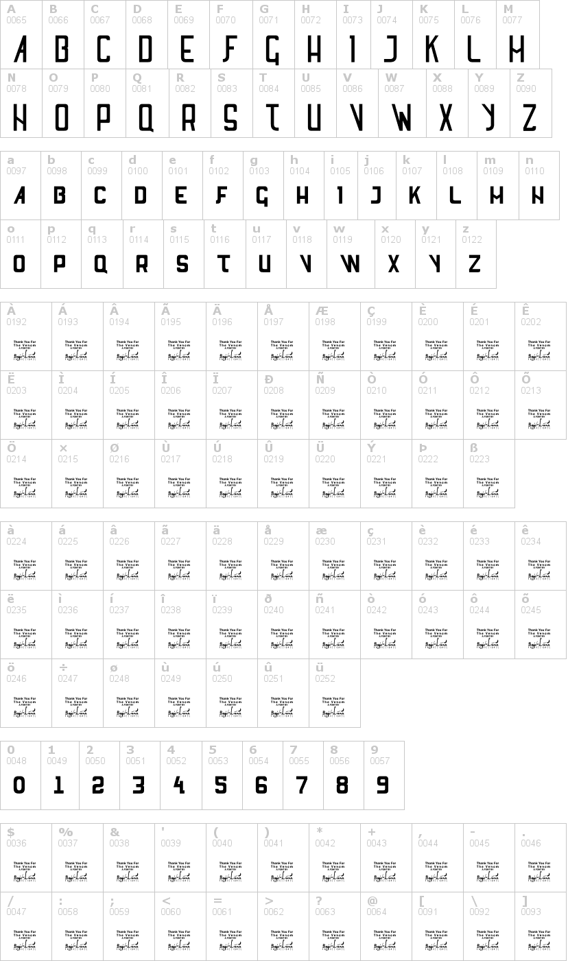 Lettere dell'alfabeto del font sl-thank-you-for-th con le quali è possibile realizzare adesivi prespaziati