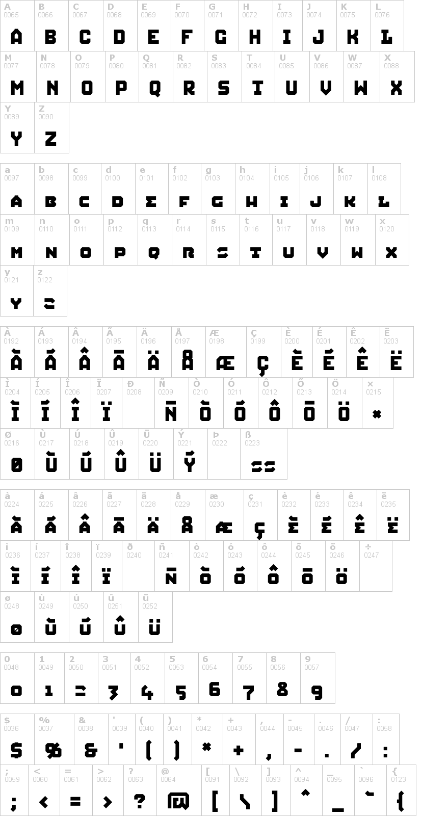 Lettere dell'alfabeto del font squid con le quali è possibile realizzare adesivi prespaziati