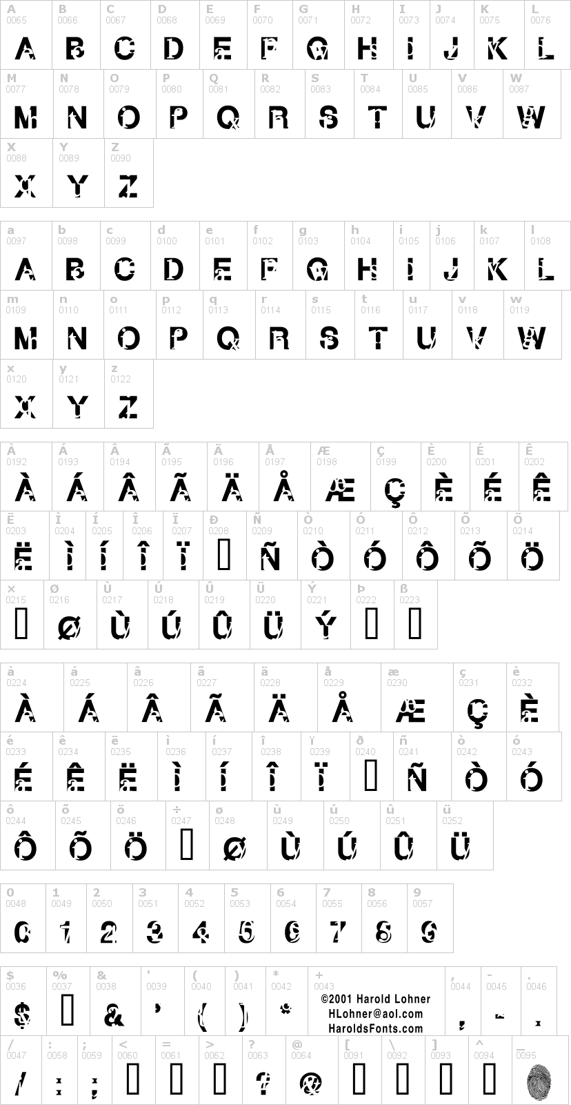 Lettere dell'alfabeto del font subtext con le quali è possibile realizzare adesivi prespaziati