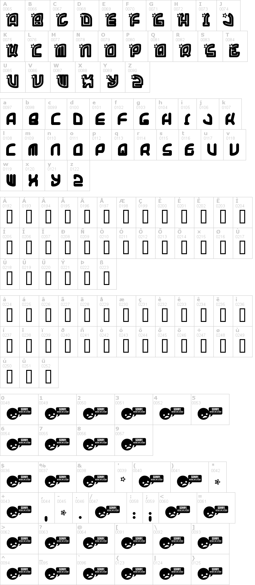 Lettere dell'alfabeto del font supertrooper con le quali è possibile realizzare adesivi prespaziati