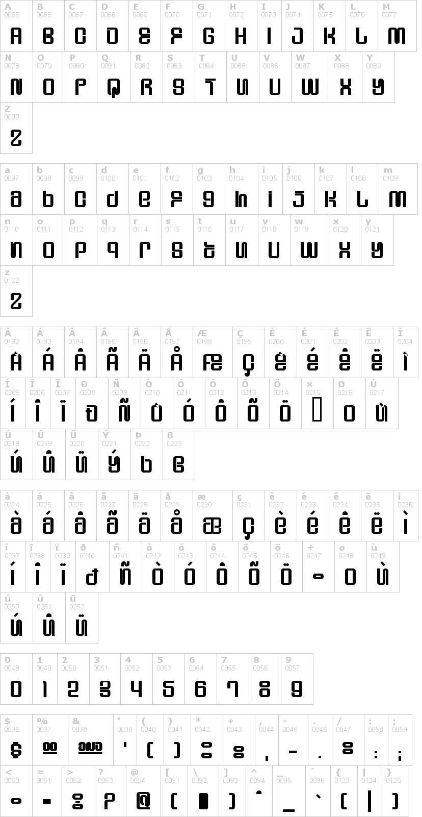 Lettere dell'alfabeto del font supervixen con le quali è possibile realizzare adesivi prespaziati