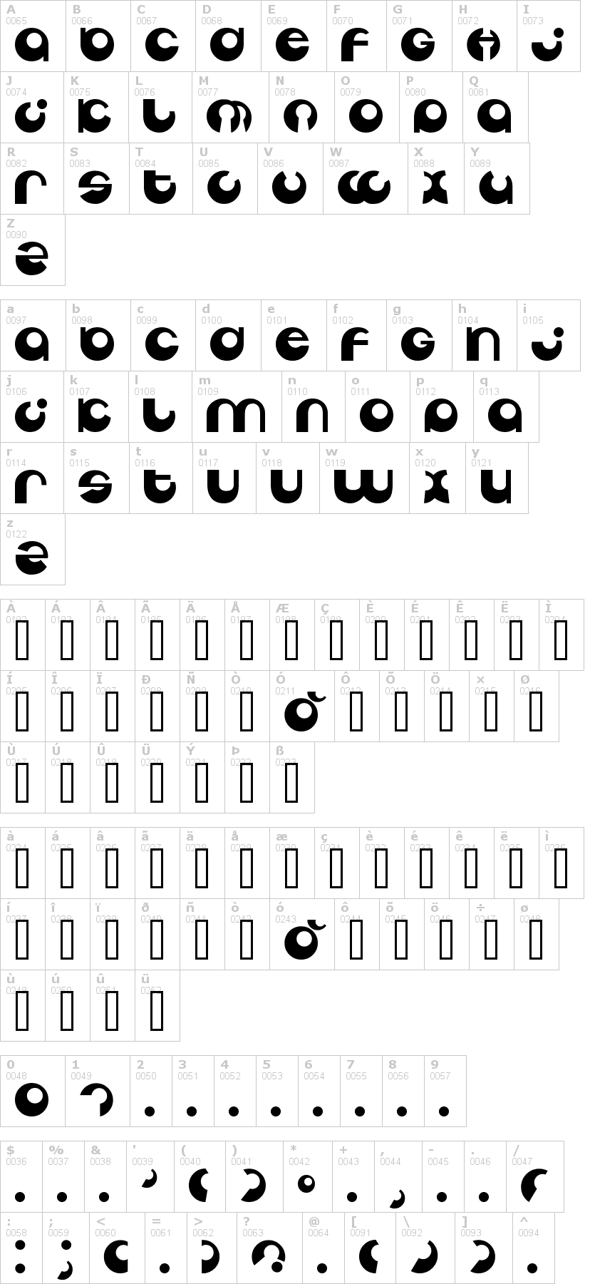 Lettere dell'alfabeto del font tabun con le quali è possibile realizzare adesivi prespaziati