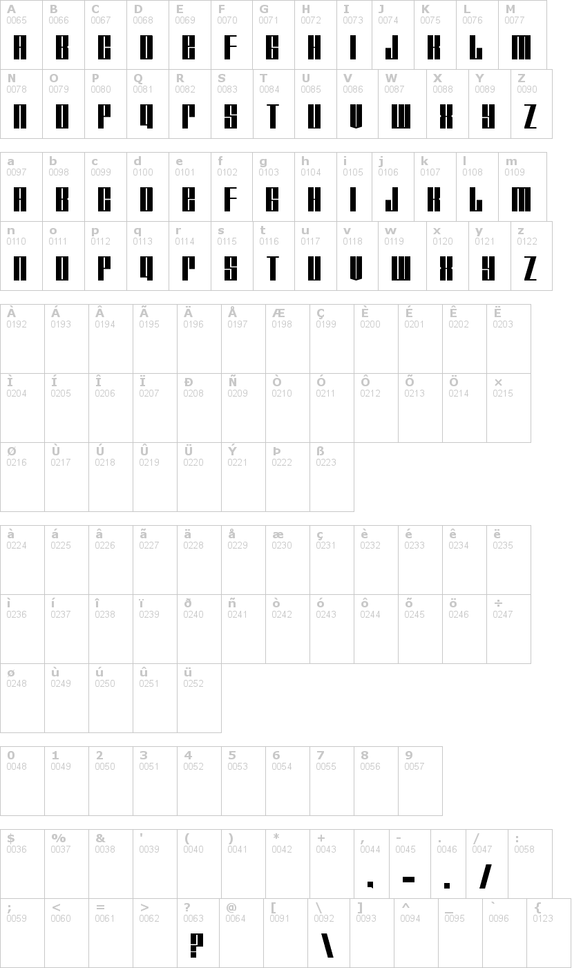 Lettere dell'alfabeto del font tagmarker con le quali è possibile realizzare adesivi prespaziati