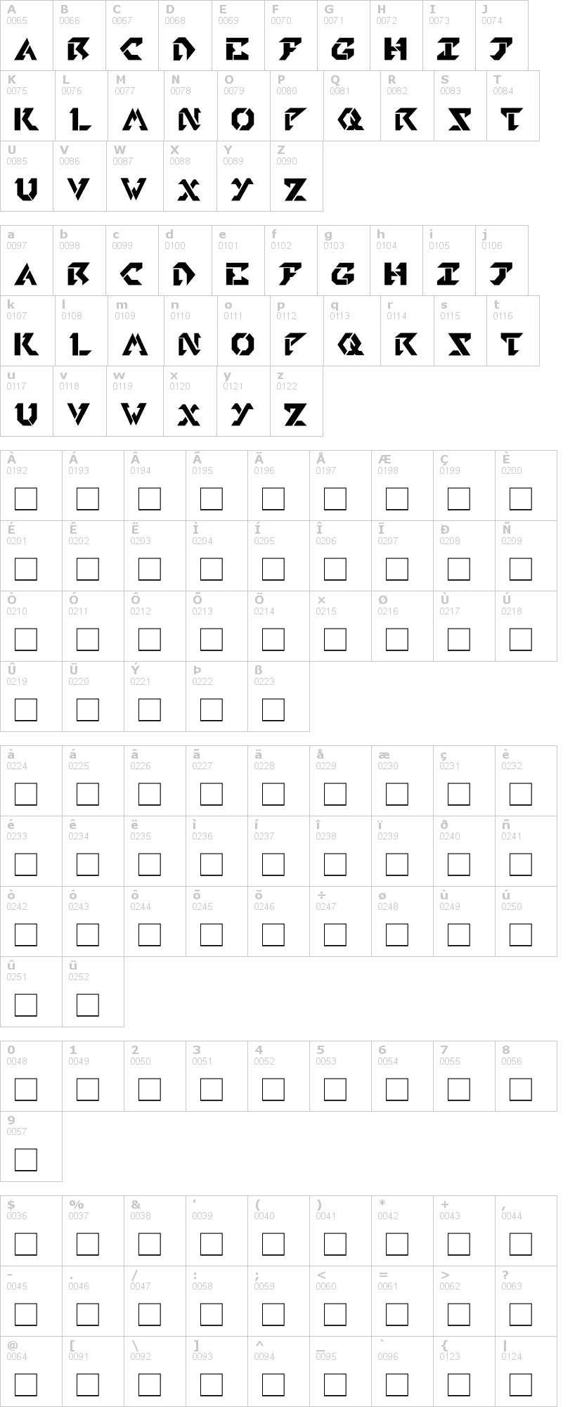 Lettere dell'alfabeto del font tekhead con le quali è possibile realizzare adesivi prespaziati