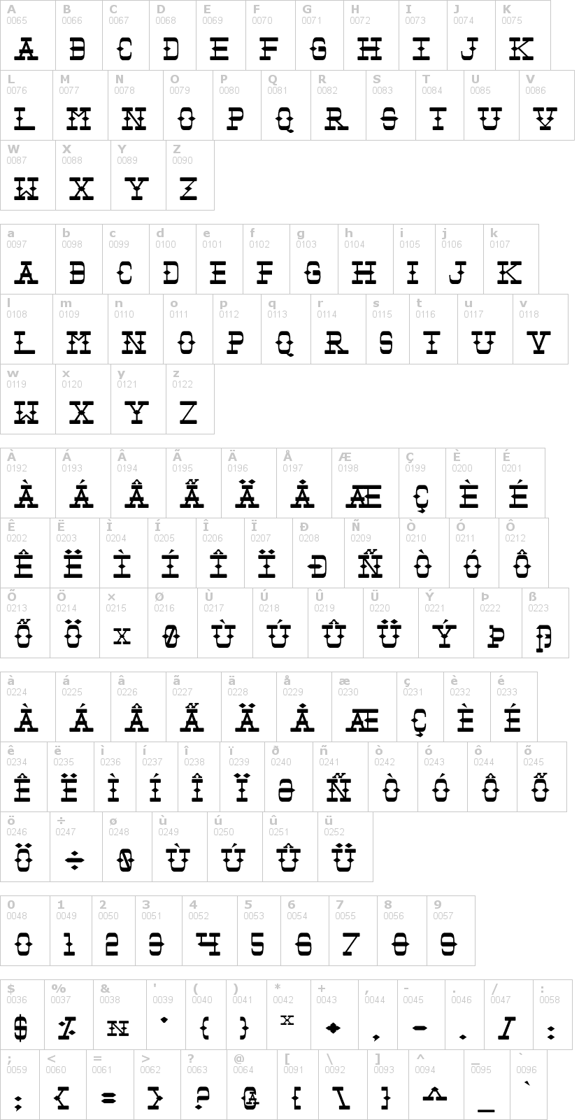 Lettere dell'alfabeto del font tombstone con le quali è possibile realizzare adesivi prespaziati