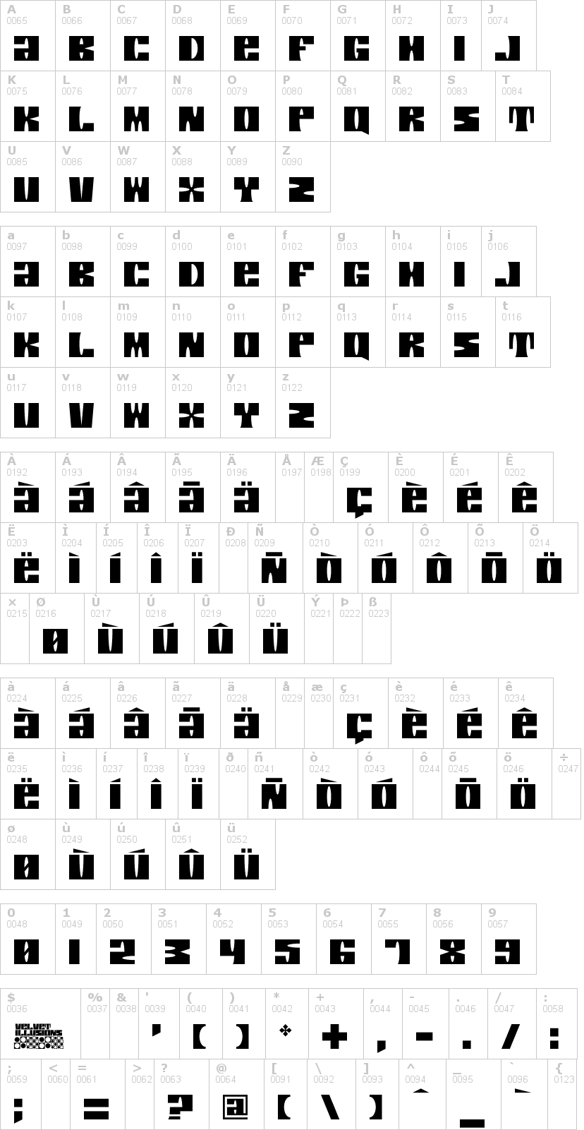 Lettere dell'alfabeto del font velvet-illusions con le quali è possibile realizzare adesivi prespaziati