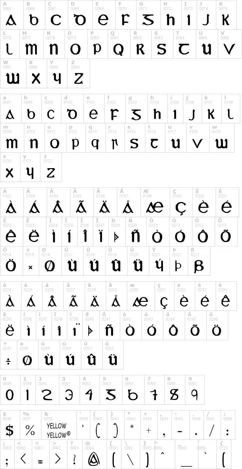 Lettere dell'alfabeto del font yy-uncial-most-iris con le quali è possibile realizzare adesivi prespaziati